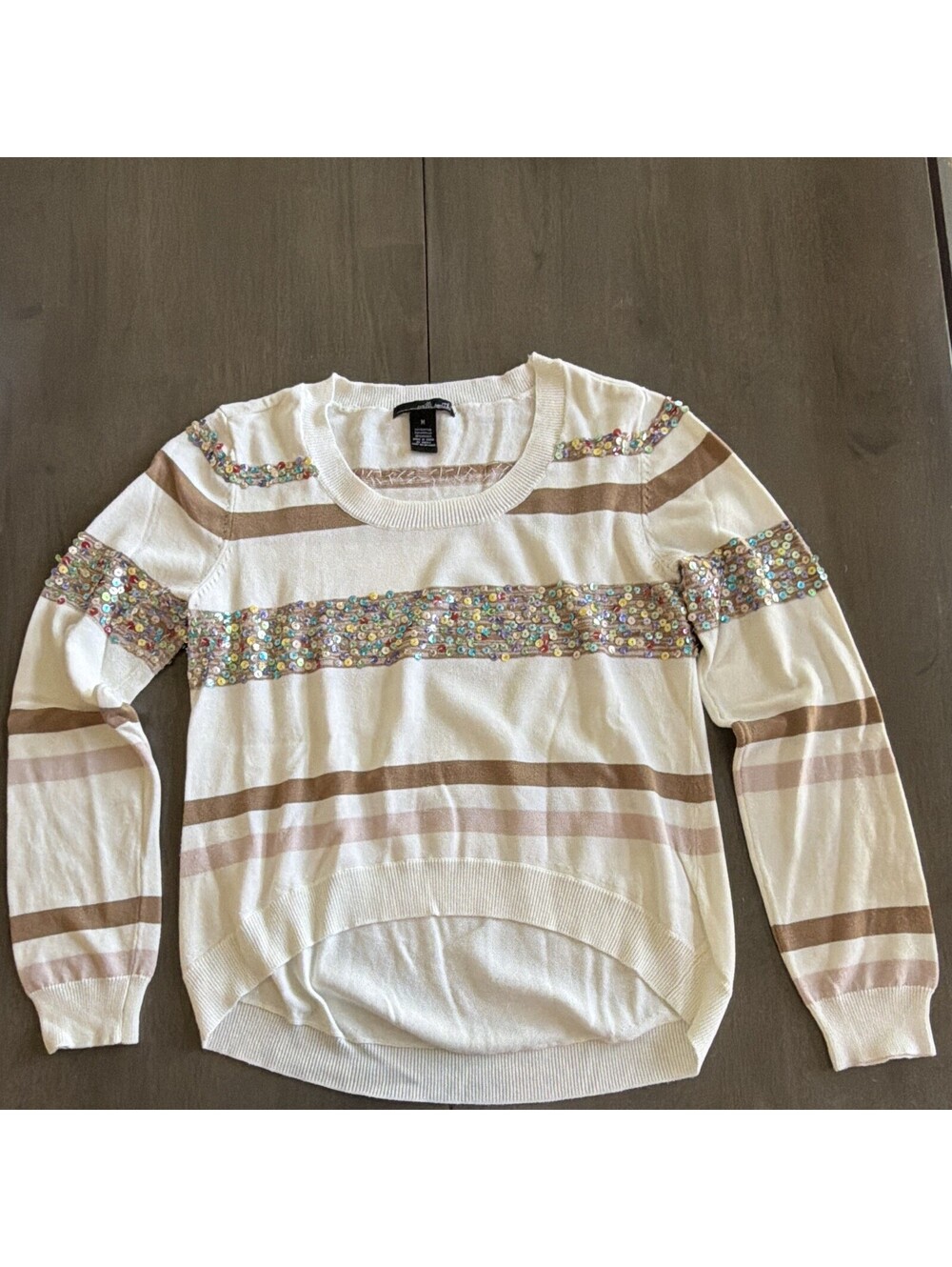 Willi Smith White & Tan Striped Sequin Knit Crewneck Pullover Sweater Women’s M